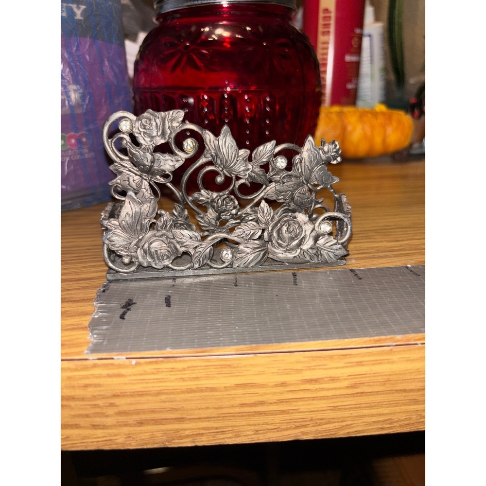 Vintage Pewter Tone Rose Floral Business Card Holder and Candle Ring Set